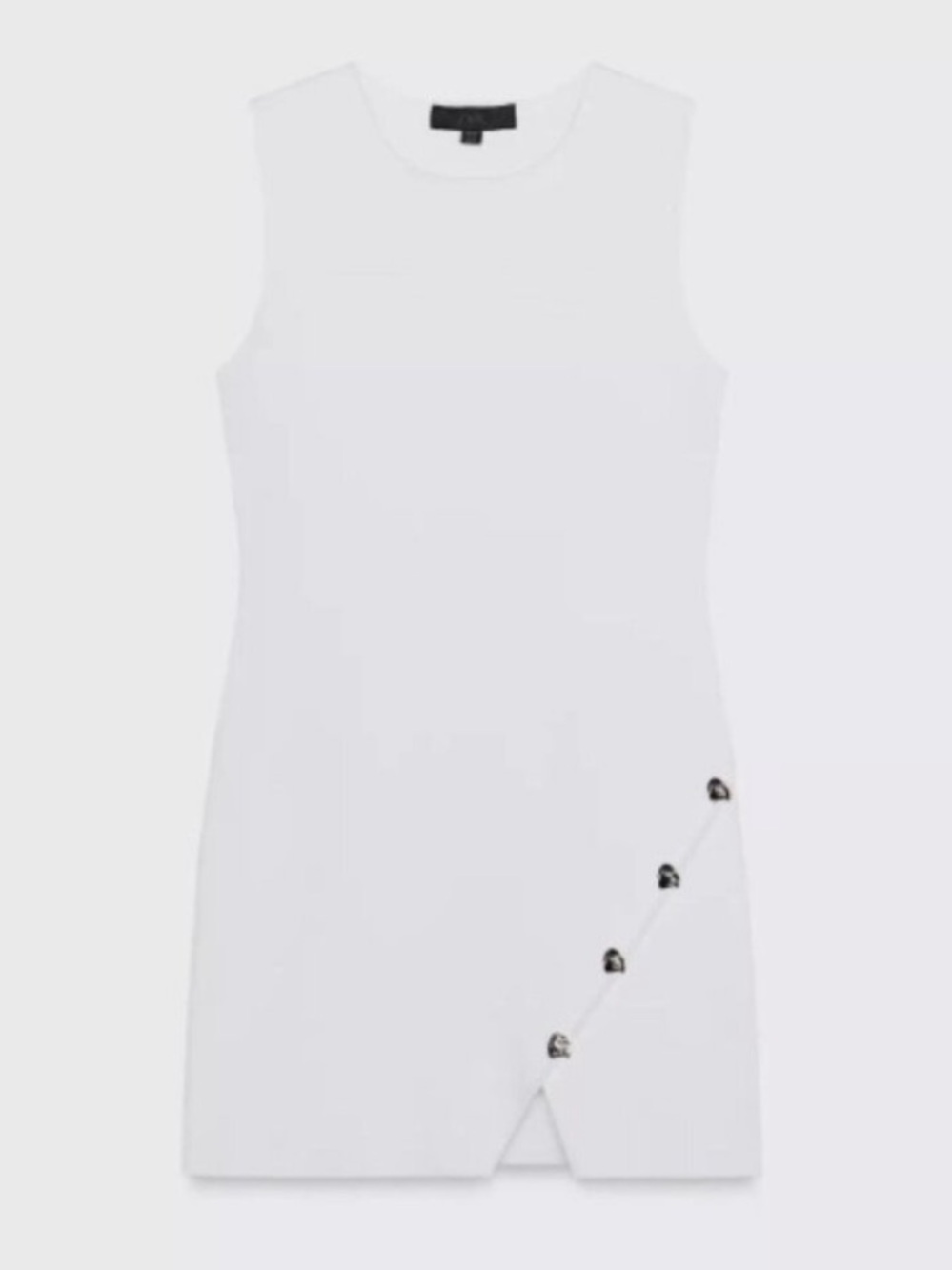 Zara Knit Sleeveless White Mini Dress with Diagonal Embellished Buttons, medium
